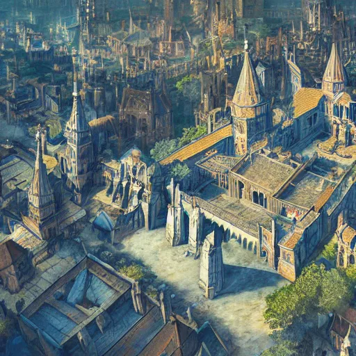 Prompt: a medieval city from above, beautiful, detailed, temple, market, palace, tavern, concept art illustration, color page, tone mapping, akihiko yoshida, james jean, andrei riabovitchev, marc simonetti, digital illustration, greg rutowski, volumetric lighting, sunbeams, particles
