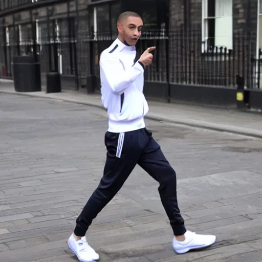 Image similar to skinny mixed race man wearing a tracksuit with trousers that show his pants in london