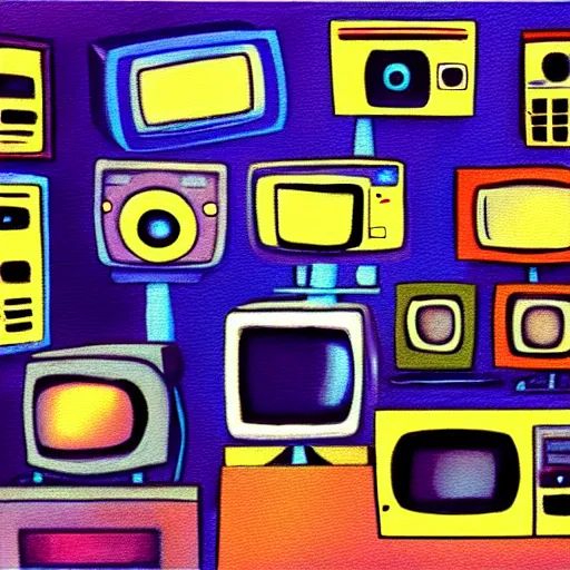 Image similar to array of crt televisions, fuzzy, tv static, antenna, stacked, polaroid, steroids, adult video store, impressionist painting, painting, acrylic painting, cell shaded