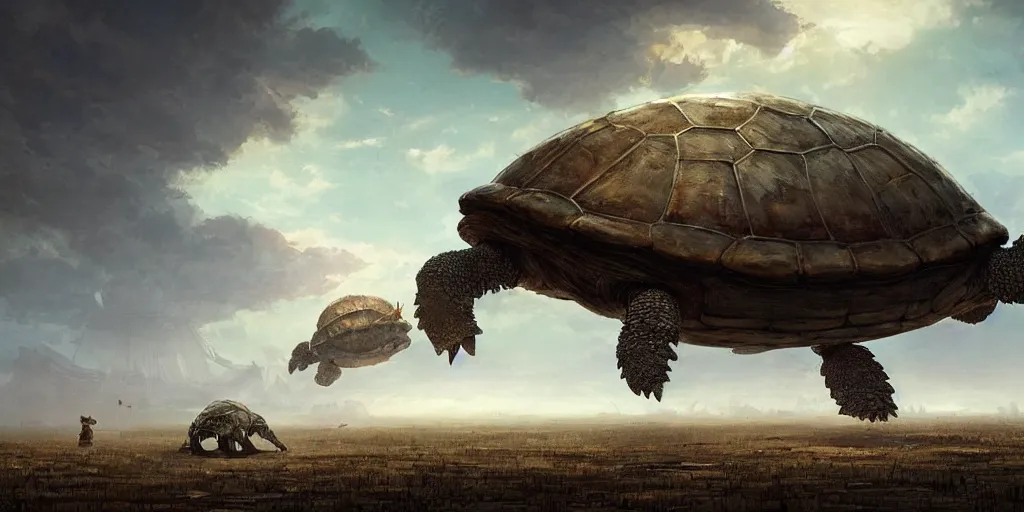 Prompt: a giant steampunk turtle city, wandering the empty plains at dawn, ethereal fantasy art by greg rutkowski