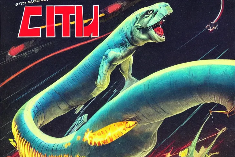 Prompt: 1979 OMNI Magazine Cover depicting An electric eel flying at a dinosaur. Cyberpunk Akira style by Vincent Di Fate