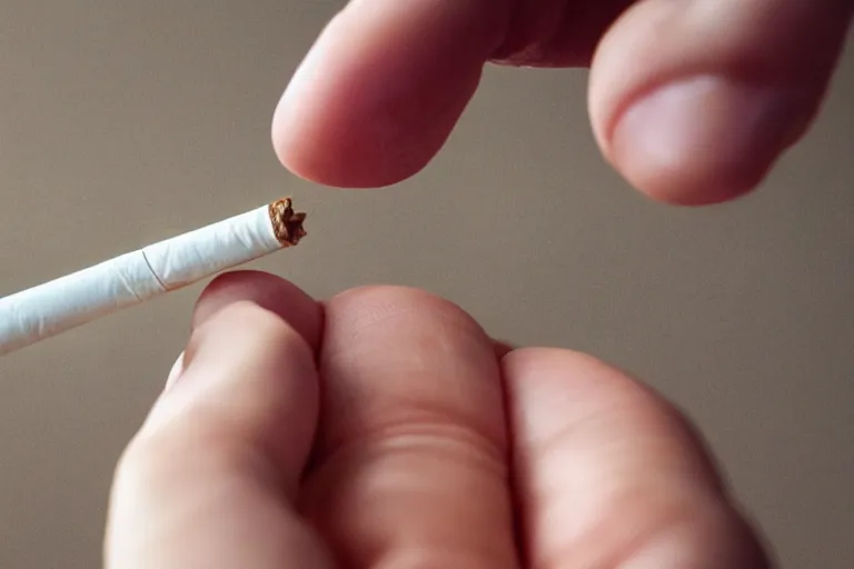 Image similar to Close-up of cigarette in five fingers, thin soft hand holding cigarette, hyper realistic, natural