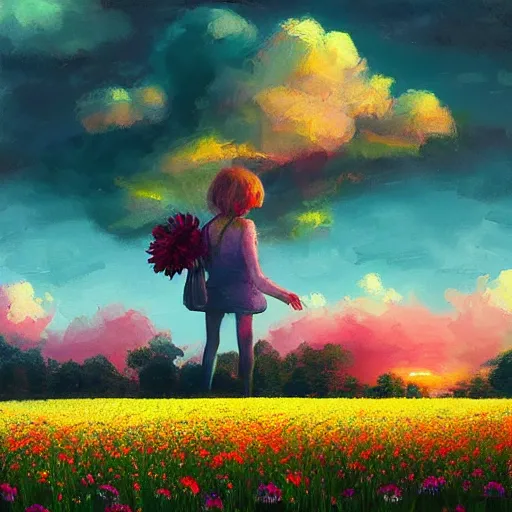 Image similar to giant flower as a head, girl walking in flower field, surreal photography, sunrise, dramatic light, impressionist painting, colorful clouds, digital painting, artstation, simon stalenhag