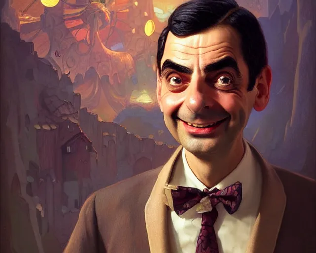 Prompt: a young mr bean looking very happy, photography of kurzgesagt, deep focus, d & d, fantasy, intricate, elegant, highly detailed, digital painting, artstation, concept art, matte, sharp focus, illustration, hearthstone, art by artgerm and greg rutkowski and alphonse mucha