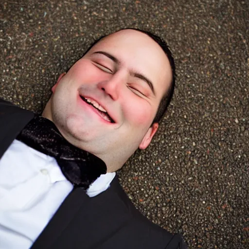 Prompt: A smiling chubby white clean-shaven man dressed in a chocolate brown suit and necktie is laying on the ground in New York city.