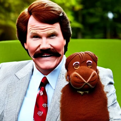 Prompt: ron burgundy smiling riding a dog and drinking chocolate yoo - hoo