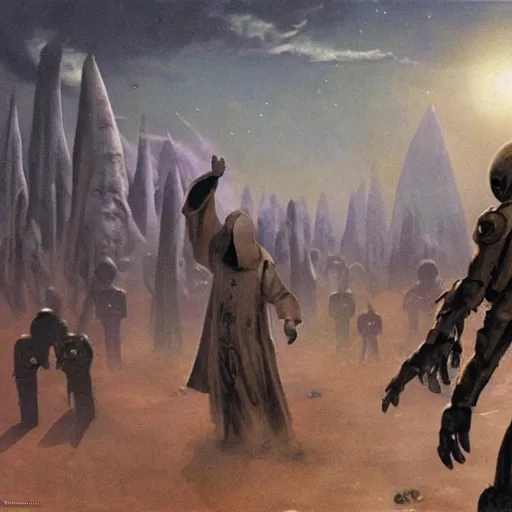 Image similar to pope francis fighiting against aliens in eerie atmospheric alien worlds by john schoenherr and glenn barr, epic cinematic matte painting,