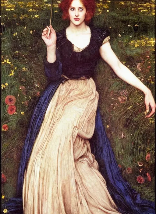 Image similar to a beautiful painting of young gillian anderson by John Everett Millais and Dante Gabriel Rossetti and John Collier and john william waterhouse, pre-raphaelite, detailed, trending on artstation, hd, masterpiece