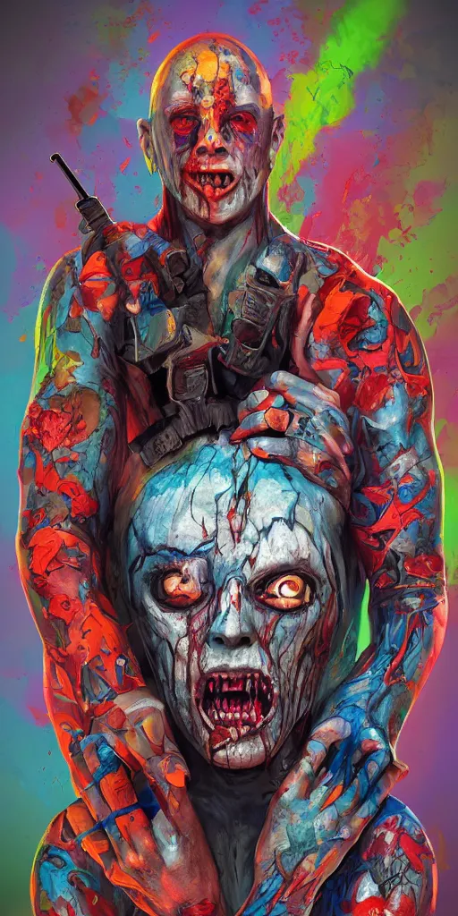 Image similar to Bright, colorful, realistic Serial killer rpg single individual full body and head shot gore covered with scars and tattoos screaming, backlighting, kodachrome, high contrast, highly detailed, sharp focus, digital painting, concept art, illustration, trending on artstation, comic book by Alex Ross cover art