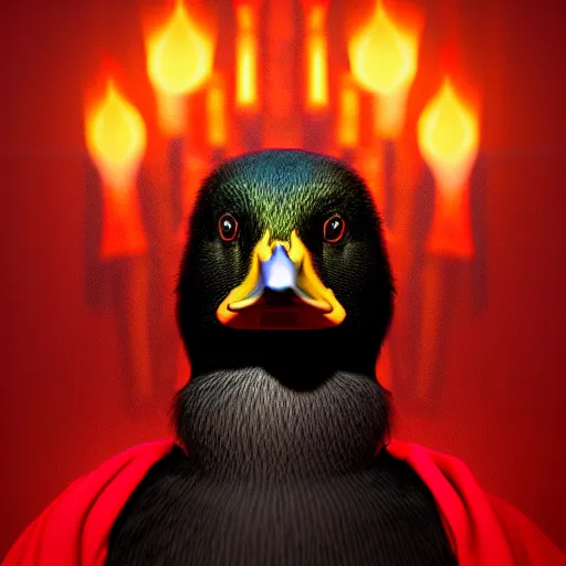 Prompt: portrait of cute mallard duck, wearing cultist red robe, standing at an altar, black feathers, glowing arcane eyes, very detailed black feathers, ultra detailed, cgi, photorealistic, unreal engine 5, nft portrait, 3 d, digital art, 8 k, octane render, trending on art station,