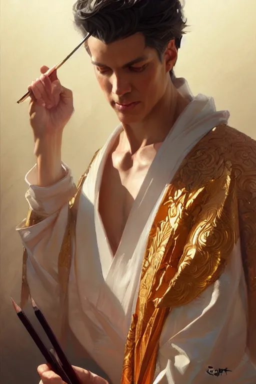 Image similar to male, temple, taoism, painting by greg rutkowski, j. c. leyendecker, artgerm