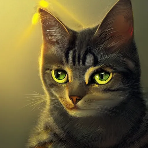 Image similar to a cat with a halo, highly detailed, fantasy, concept art, large yellow eyes, smooth art, illustration, sharp focus, artstation, digital art