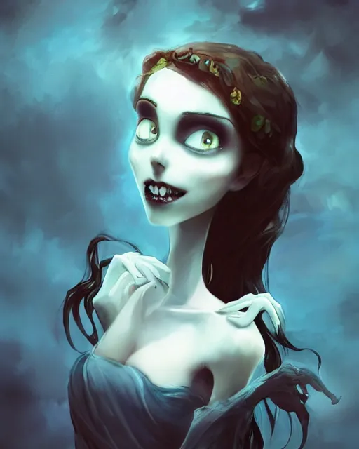 Prompt: elegant mysterious solemn zombie victoria everglot from the corpse bride, portrait, illustration, rim light, top light, summer clear blue sky, perfectly shaded, soft painting, art by krenz cushart and wenjun lin