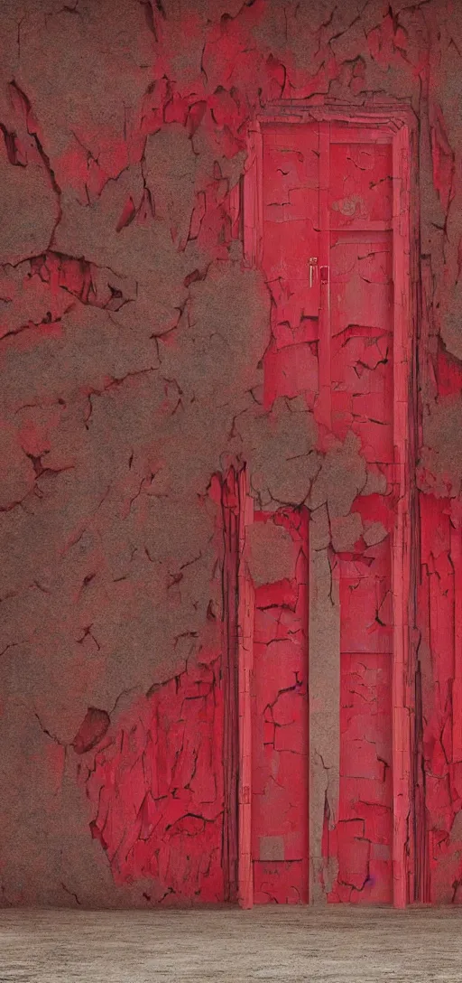 Prompt: huge detailed fractal red door standing in wasteland in style of zdzisław beksinski