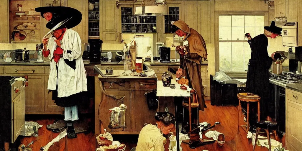 Image similar to grim reaper making coffee in a large kitchen, gorgeous painting, by norman rockwell, wholesome, holiday