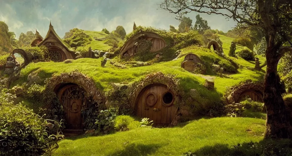 Prompt: the shire, hobbiton, intricate, wide angle, elegant, highly detailed, john park, frazetta, john howe, ruan jia, jeffrey catherine jones