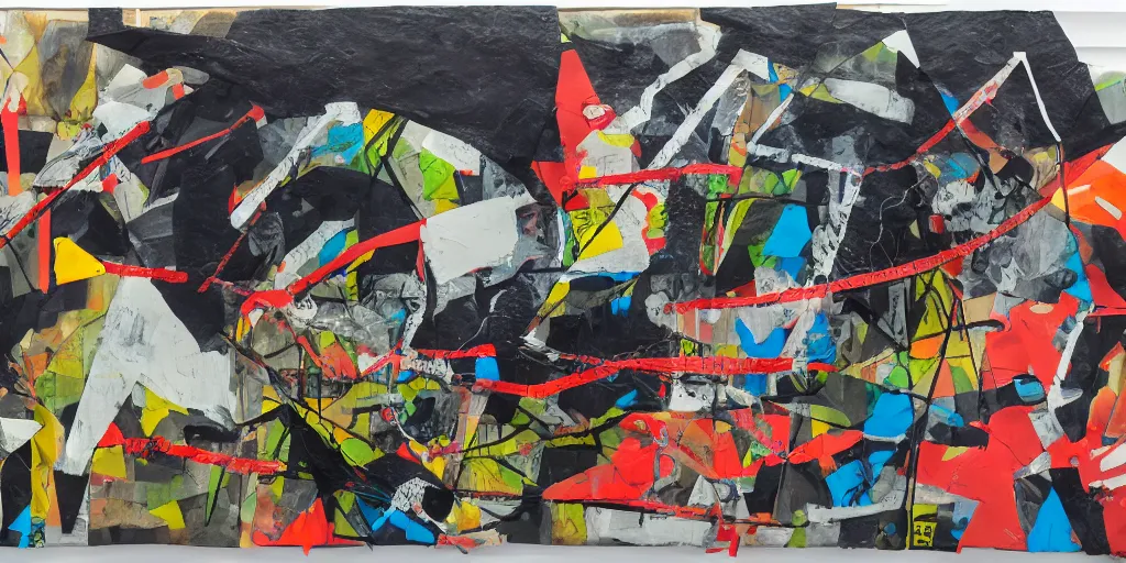 Prompt: mad dog on a chain thick lines with paint, collage paper and tape, acrylic on canvas, expressionism movement, breathtaking detailed, by blake neubert