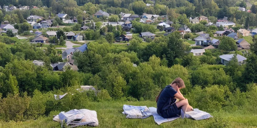 Image similar to cottagecore of a student sitting on a hilltop overlooking a suburban neighborhood on a peaceful morning