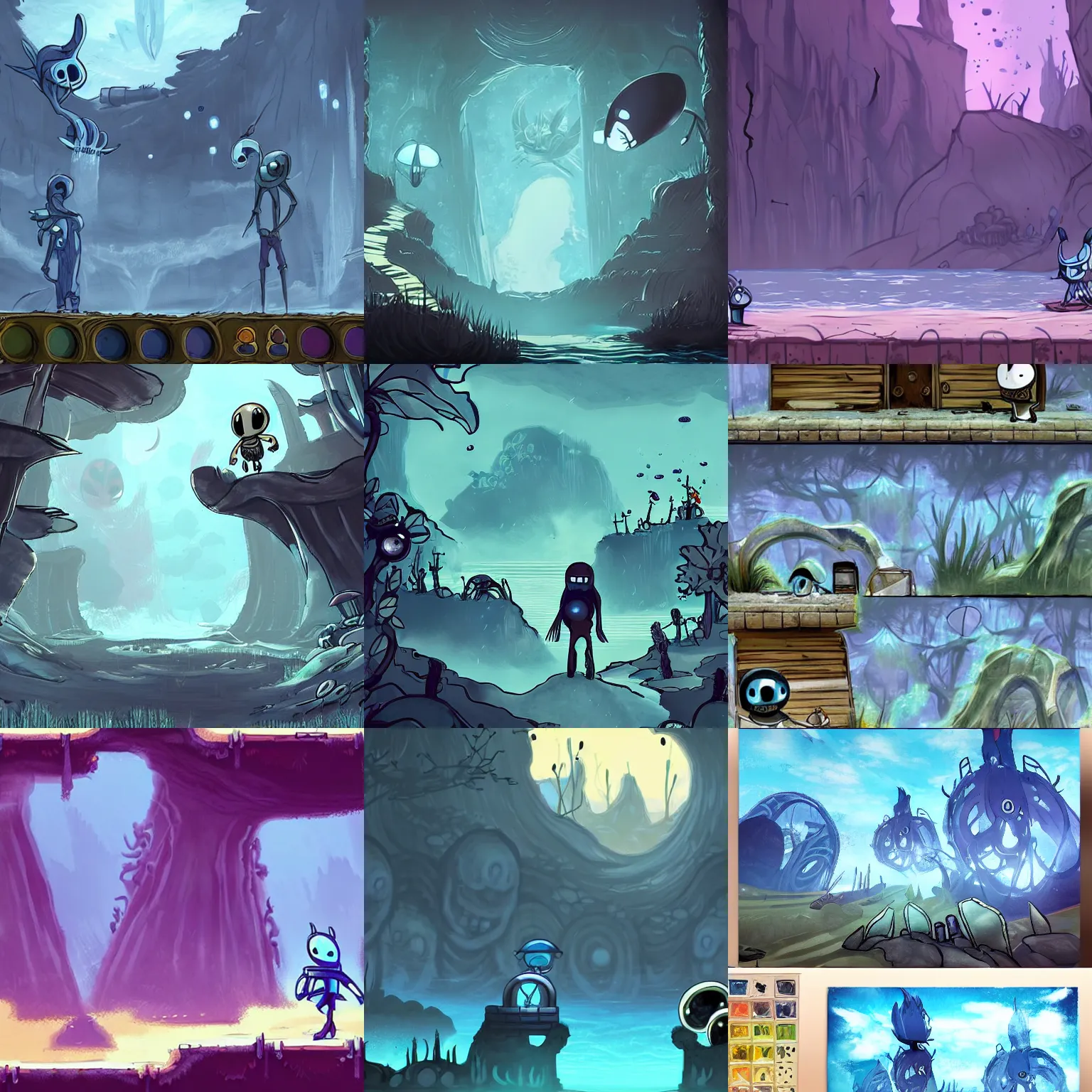 Prompt: beautiful hand painted art for a 2d side scroller adventure game set in an underwater fallout survival base inspired by hollow knight