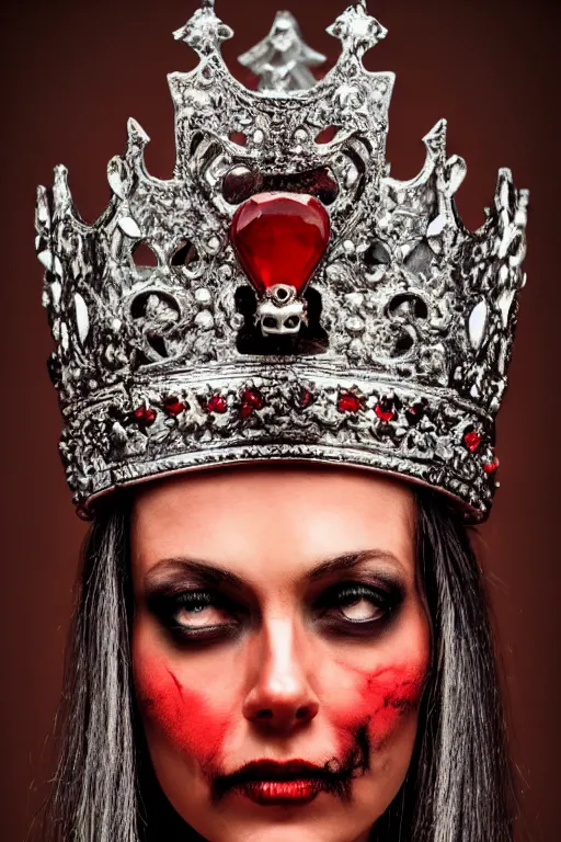 Prompt: a queen with half skull with an red crown, hints of silver jewelry, gothic, eerie, intricate detail, dramatic lighting, fire, red, 8 k