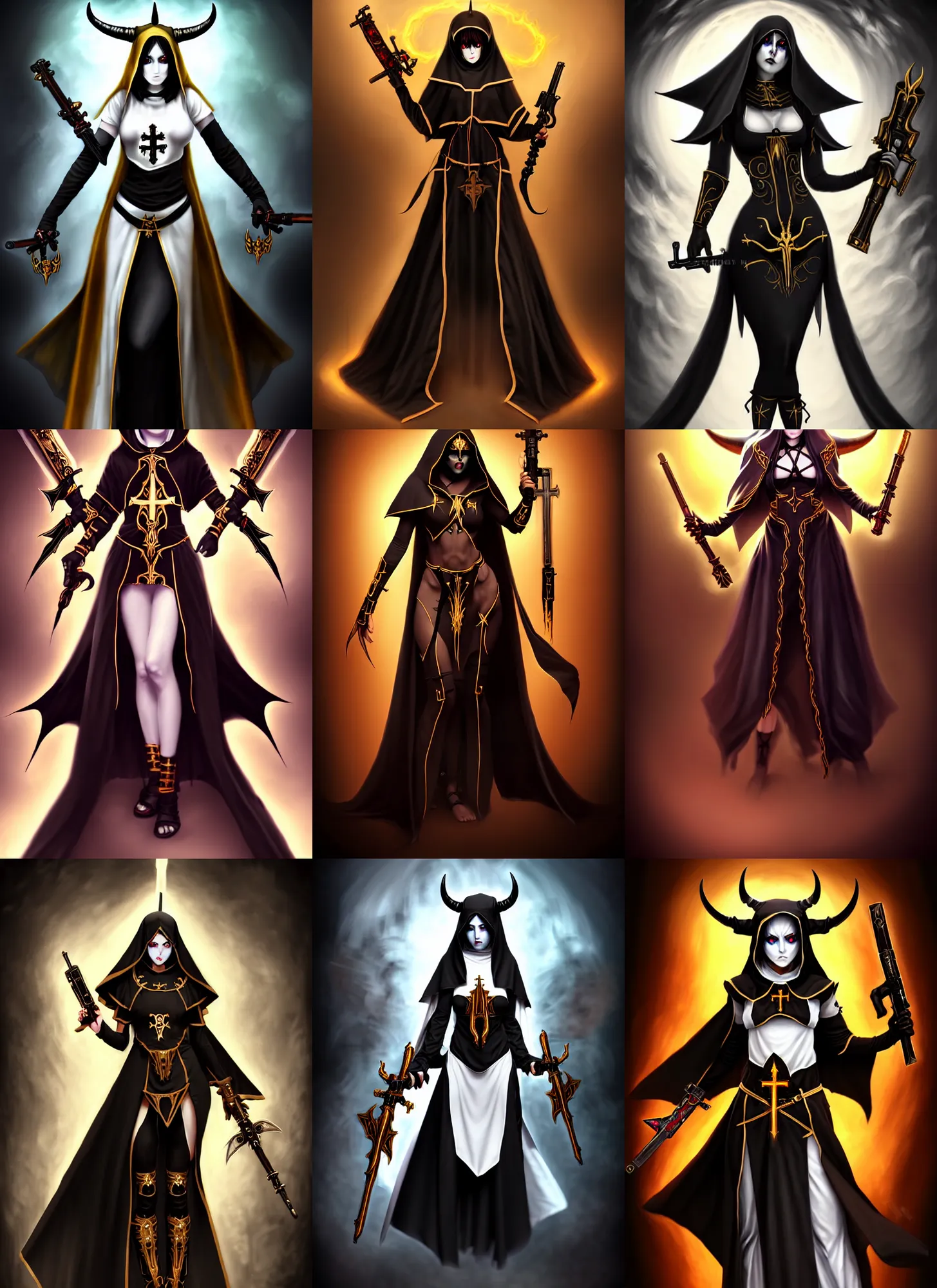 Prompt: female full body demon nun with black horns holding fantasy gun character concept art, highly detailed art digital painting, cinematic, white cleric robe with golden embroidery nun veil cover with horns on top demon nun gunslinger nun nun with gun, dark fantasy game character design concept, dramatic light, art station