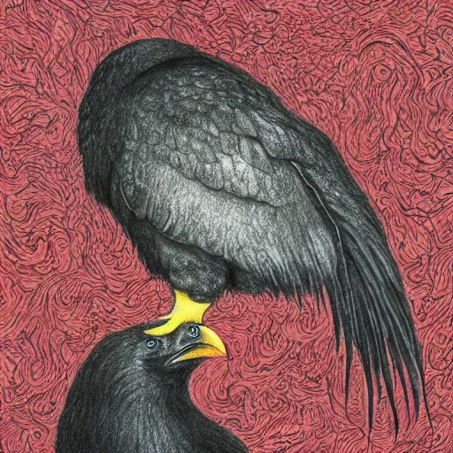 Image similar to a majestic chonky! black chicken with royal 'red!!! comb!!!', colored ultra-detailed pen and ink illustration, matte painting, modern concept art, impossible fine lines and details, divine background, by John Kenn Mortensen