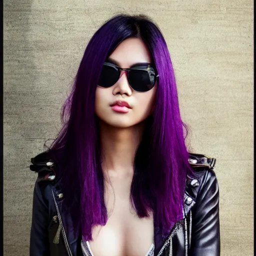 Prompt: photo of a gorgeous asian female with long dark purple hair in the style of stefan kostic, realistic, cyberpunk, leather jacket, aviators, body shot, sharp focus, 8 k high definition, insanely detailed, intricate, elegant, art by stanley lau and artgerm, floating embers