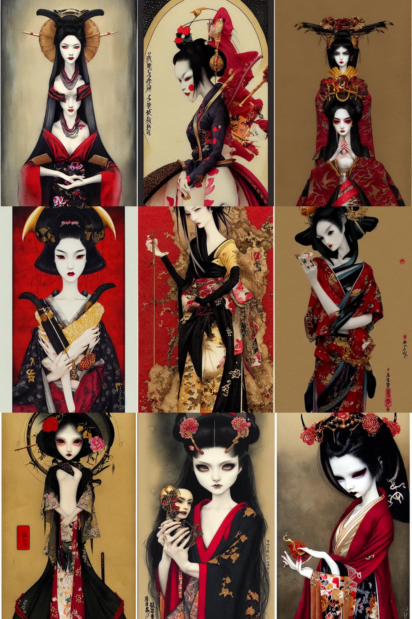 Prompt: watercolor painting of a japanese bjd geisha vampire with a long neck by tom bagshaw, ayami kojima, mark ryden in the style of thoth tarot card, dark - fantasy, red, gold black