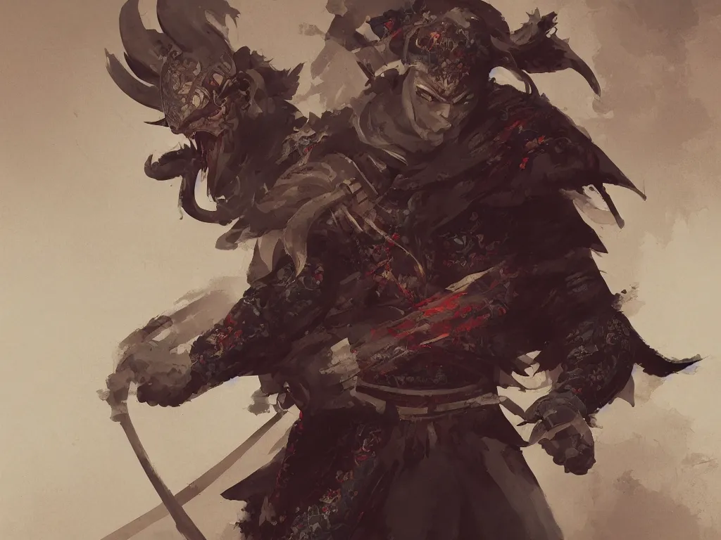 Image similar to samurai with demon mask, old japanese room on backround, artstation, cgsociety, greg rutkowski, wlop