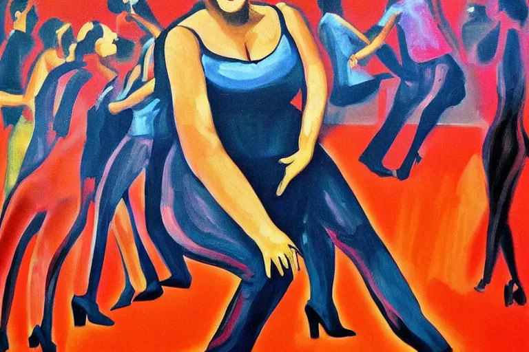 Image similar to painting of curvy sweating woman dancing in a club in the 70's by Johannes Grutzke