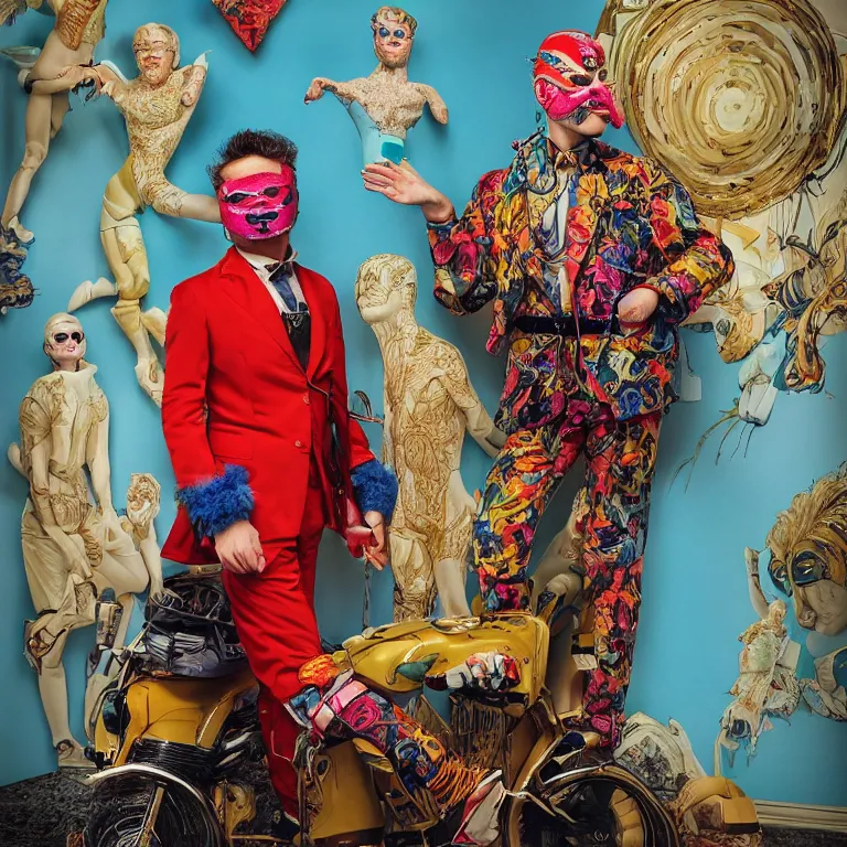 Prompt: vogue photoshoot octane render portrait by wayne barlow and carlo crivelli and glenn fabry, focus on an eccentric man in a bright colorful pastel wes anderson uniform and a luchador mask inside a high - end exotic vintage boutique hotel lounge, very short depth of field, bokeh
