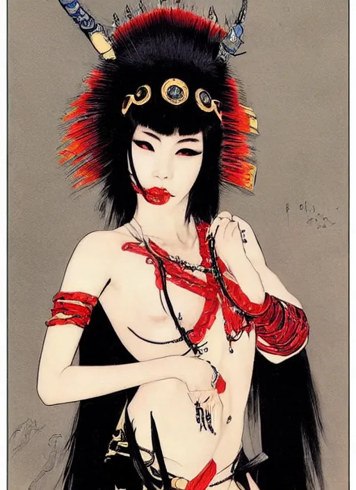 Image similar to female korean vampiress, jeweled headdress, heavy mascara, strong line, saturated color, beautiful! coherent! by frank frazetta, high contrast, minimalism