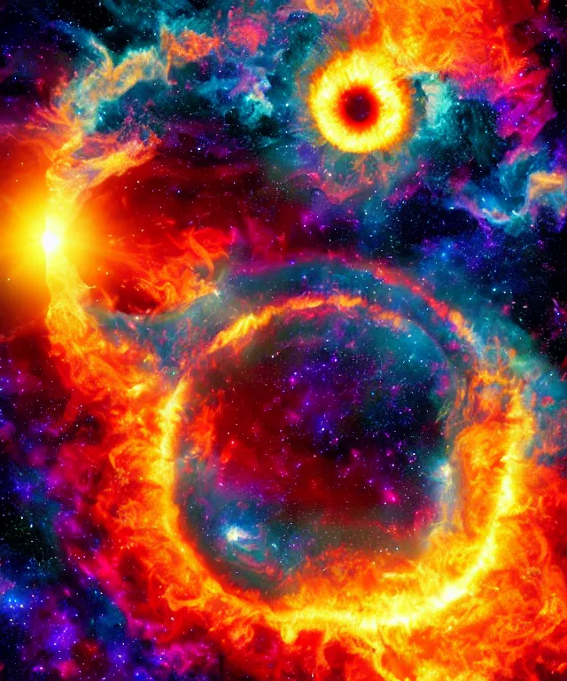 Image similar to black hole, sun, space, bright colors, phoenix flames, nebula clouds, soft tones