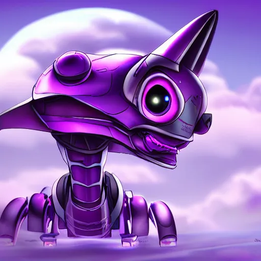 Image similar to very cute purple robototechnic dragon looking at camera, Disney, epic, digital art