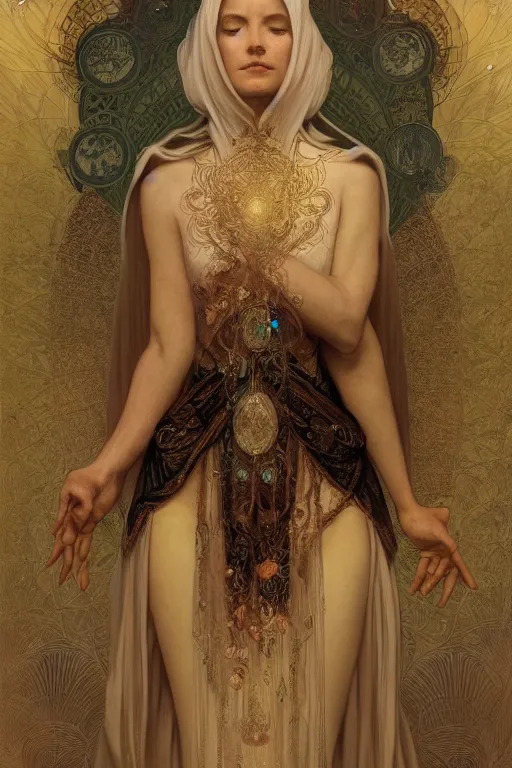 Image similar to a full body portrait of a beautiful ethereal delicate mage queen meditative sacral pose of vestal power, bedroom, intricate, elegant, highly detailed, digital painting, artstation, concept art, smooth, sharp focus, illustration, art by krenz cushart and artem demura and alphonse mucha