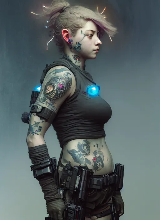 Image similar to girl covered with tattoos wearing tactical gear, intricate lights, high detailed face, bio luminescent, plasma, by ruan jia and artgerm and range murata and wlop and ross tran and william - adolphe bouguereau and beeple. fantasy illustration. award winning, artstation, venomized, realistic, hyperdetailed, 8 k resolution.