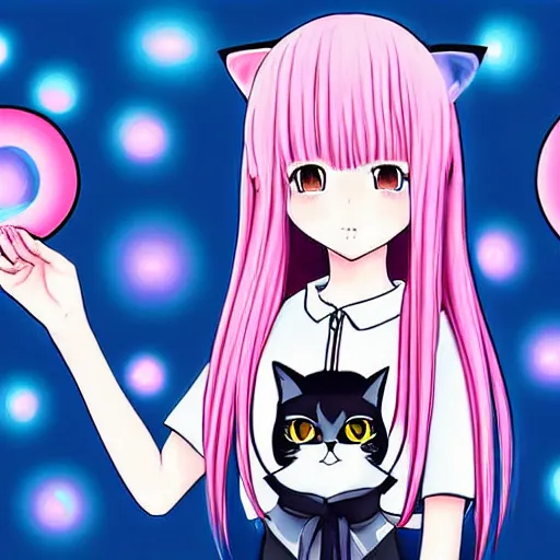 Image similar to digital card art of anime (cat) girl Joe Biden with cat ears surrounded by magic circles. Short hair. Pink hue. Highly detailed. Beautiful