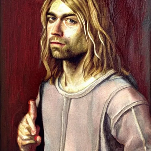 Prompt: a renaissance style portrait painting of Kurt Cobain