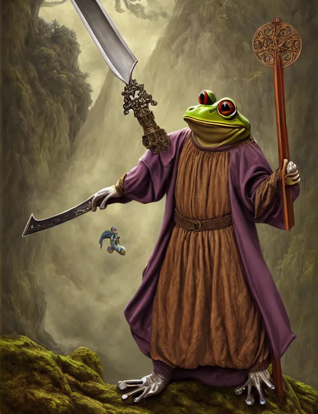 Image similar to anthropomorphic bipedal frog that is dressed as a renaissance monk, and holding a giant sword, as a matte oil painting and d & d character art, by alex grey, standing, fullbody, floating bubbles, mystic, fog, fractals, spirals, concept art, award - winning, extremely detailed, sharp focus