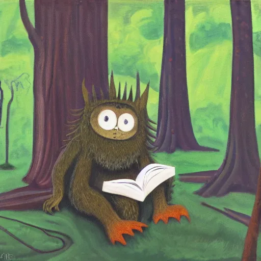 Image similar to monster reading a book in a forest, where the wild things are, bicycle nearby, oil on canvas, calm