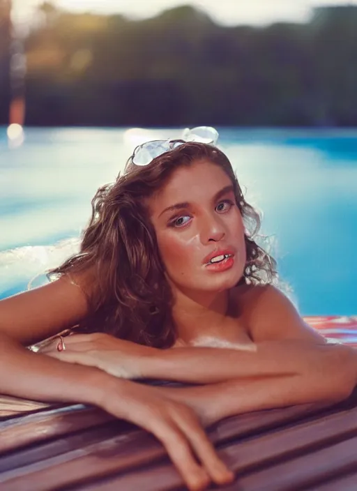 Image similar to A hyper realistic and detailed head portrait photography of swimsuit model laying down on a deck chair near a swimming pool. by Cameron Hammond. 1980s magazine style. Cinematic. Golden Hour. Kodak Portra 400. Lens flare. 85mm lens