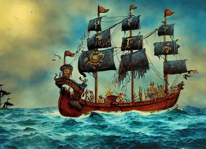 Prompt: pirate ship at sea, amazing background, lowbrow, 3 - d, highly detailed, in the style of alexander jansson,