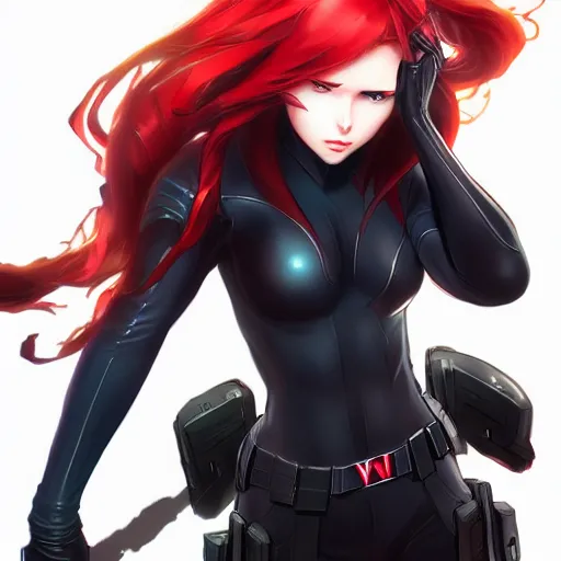 Image similar to black widow as an anime girl by Stanley Artgerm Lau, WLOP, Rossdraws, James Jean, Andrei Riabovitchev, Marc Simonetti, and Sakimichan, trending on artstation