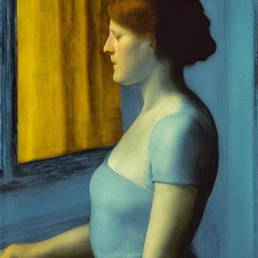 Prompt: close up of a girl in a blue and gold haunted liminal abandoned room, film still by edward hopper, by Pontormo, by klimt, pre-raphaelite. art noveau, art noveau, highly detailed, strong lights, liminal, eerie, Bright pastel colors