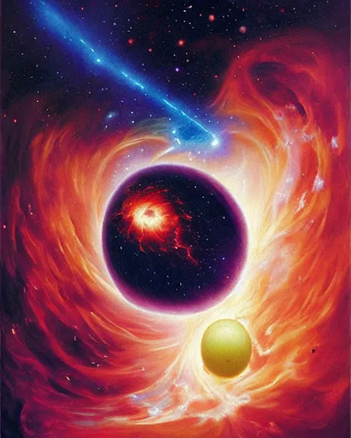 Image similar to cosmic tennis player serving a tennis ball in a nebula, an oil painting, by ( leonardo da vinci ) and greg rutkowski and rafal olbinski, award - winning magazine cover