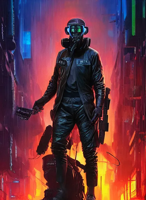 Prompt: Modern Teddy Roosevelt. Cyberpunk assassin in tactical gear. plastic raincoat. blade runner 2049 concept painting. Epic painting by James Gurney, Azamat Khairov, and Alphonso Mucha. ArtstationHQ. painting with Vivid color. (rb6s, Cyberpunk 2077)