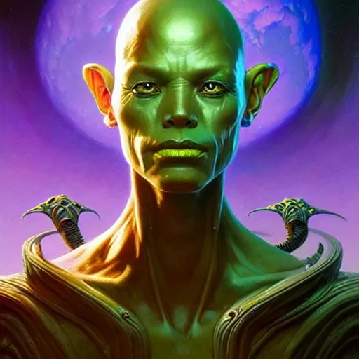 Prompt: a fantasy style portrait painting of an extremely beautiful alien with a futuristic background and dramatic lighting oil painting unreal 5 daz. rpg portrait, extremely detailed wayne barlowe michael whelan artgerm greg rutkowski greg hildebrandt tim hildebrandt michael whelan h r giger moebius
