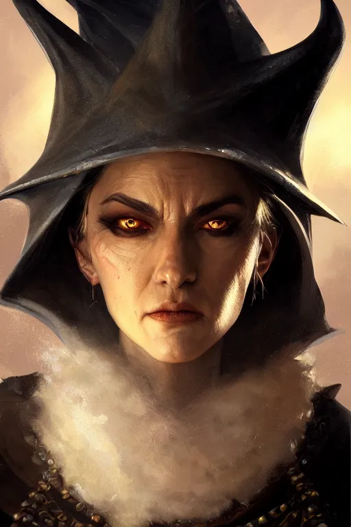 Image similar to dungeons and dragons evil witch character closeup portrait, dramatic light, dungeon background, 2 0 0 mm focal length, painted by stanley lau, painted by greg rutkowski, painted by stanley artgerm, digital art, trending on artstation