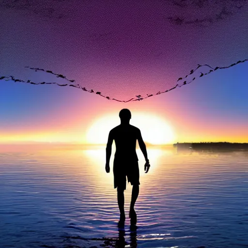 Image similar to purple sunset with a real black silhouette of a man walking on water, and high detail