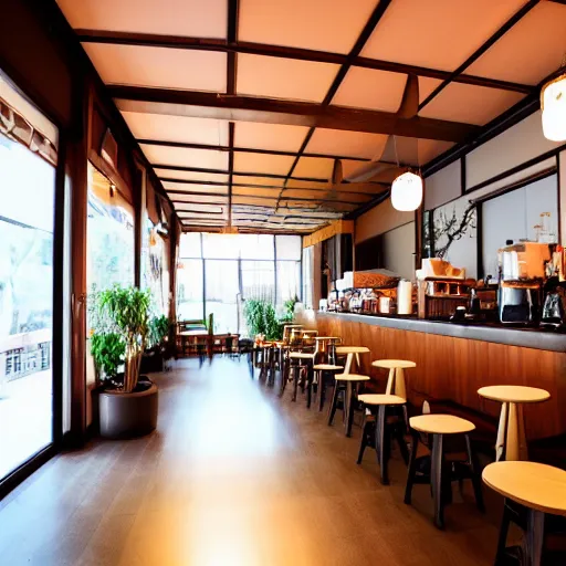 Image similar to a warmly lit photograph of the interior of a japanese style coffee shop named'arizona ', realistic